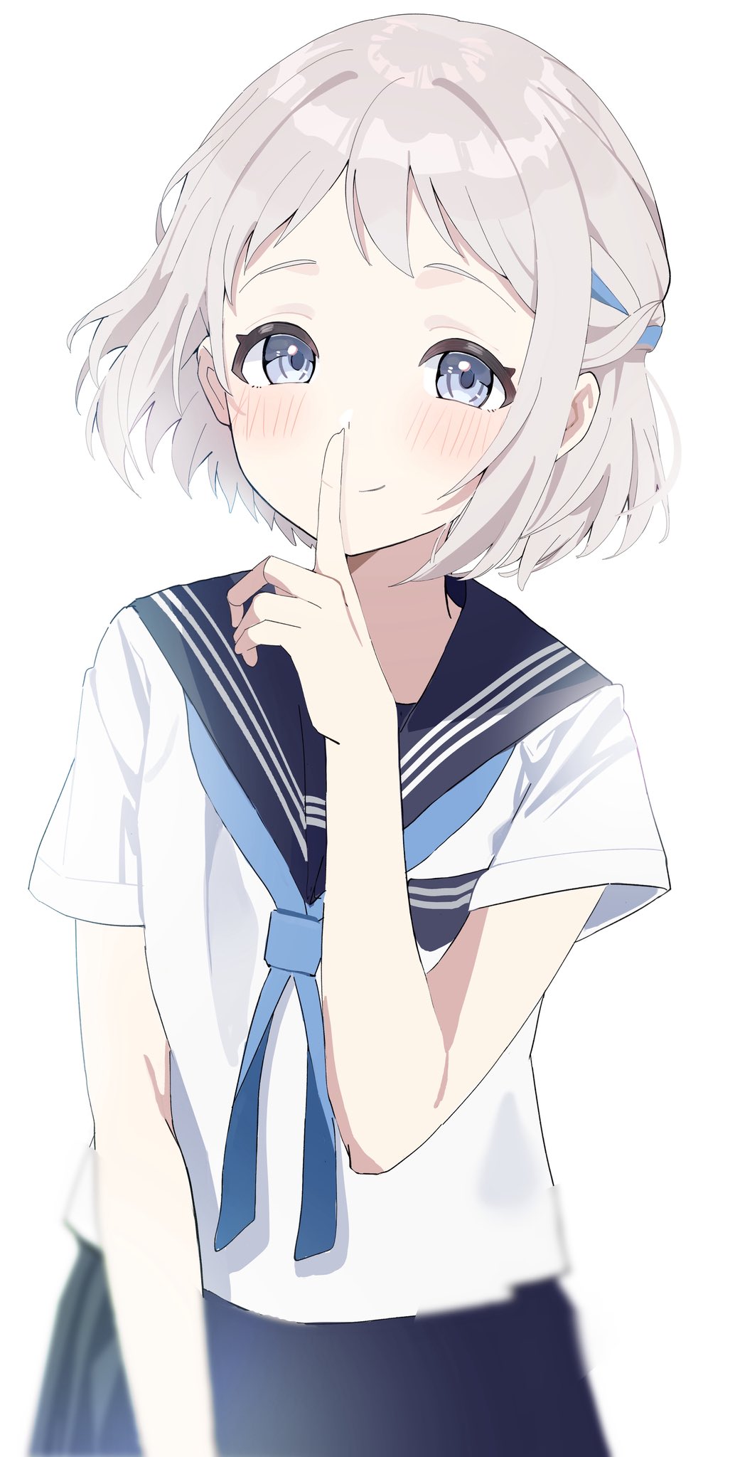 aweqdre, katsuragi lilja, gakuen idolmaster, idolmaster, hashtag-only commentary, highres, 1girl, blue eyes, blue neckerchief, blue ribbon, blue sailor collar, blue skirt, blurry, blush, braid, closed eyes, finger to mouth, grey hair, hair ribbon, looking at viewer, neckerchief, ribbon, sailor collar, school uniform, serafuku, short hair, short sleeves, shushing, simple background, skirt, smile, solo, white background, white serafuku
