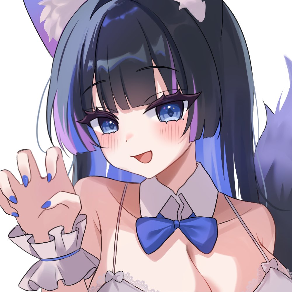 original, commentary request, commission, korean commentary, second-party source, 1girl, animal ear fluff, animal ears, armpit crease, bare shoulders, black hair, blue eyes, blue hair, blue nails, bow, bowtie, bra, breasts, claw pose, cleavage, collarbone, detached collar, fox ears, fox girl, fox tail, frilled cuffs, hand up, lace, lace-trimmed bra, lace trim, large breasts, long hair, looking at viewer, multicolored hair, nail polish, ninja dung222, open mouth, simple background, smile, solo, streaked hair, string bra, tail, tsukinaka chie, two-tone hair, underwear, upper body, white background, white bra, wrist cuffs