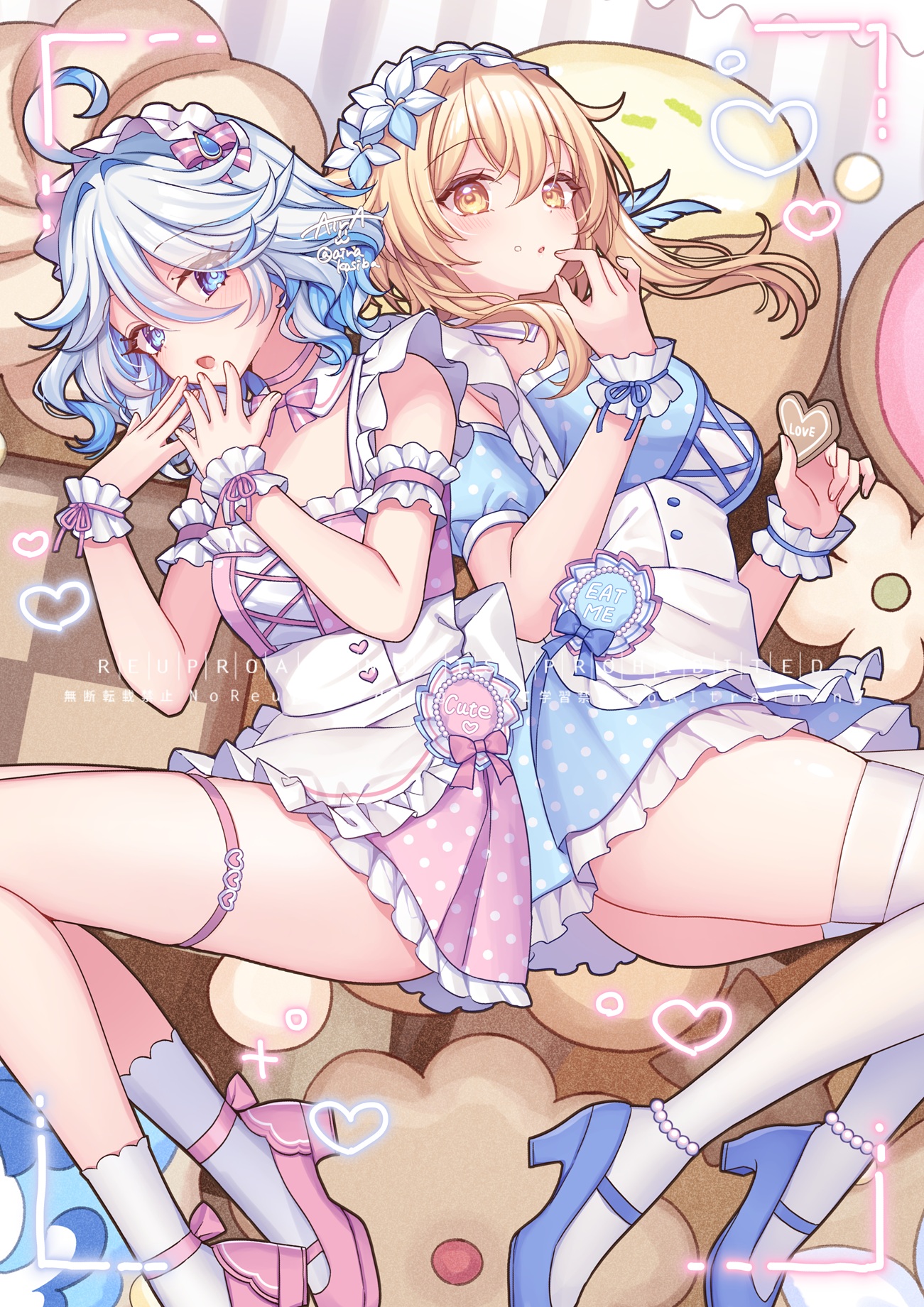 kashiba aira, furina (genshin impact), lumine (genshin impact), genshin impact, commentary request, highres, 2girls, :o, ahoge, ass, blonde hair, blue bow, blue eyes, blue pupils, blue ribbon, blue shoes, blue streaks, blush, bow, breasts, cookie, dress, flower, food, frilled wrist cuffs, frills, hair between eyes, hair flower, hair ornament, heart, heart-shaped cookie, heart-shaped food, heterochromia, high heels, holding, holding cookie, holding food, looking at viewer, lying, medium breasts, multicolored hair, multiple girls, on side, open mouth, pink bow, pink dress, pink ribbon, pink shoes, ribbon, shoes, signature, small breasts, socks, streaked hair, thigh strap, thighhighs, twitter username, white flower, white hair, white socks, white thighhighs, white wrist cuffs, wrist cuffs, yellow eyes