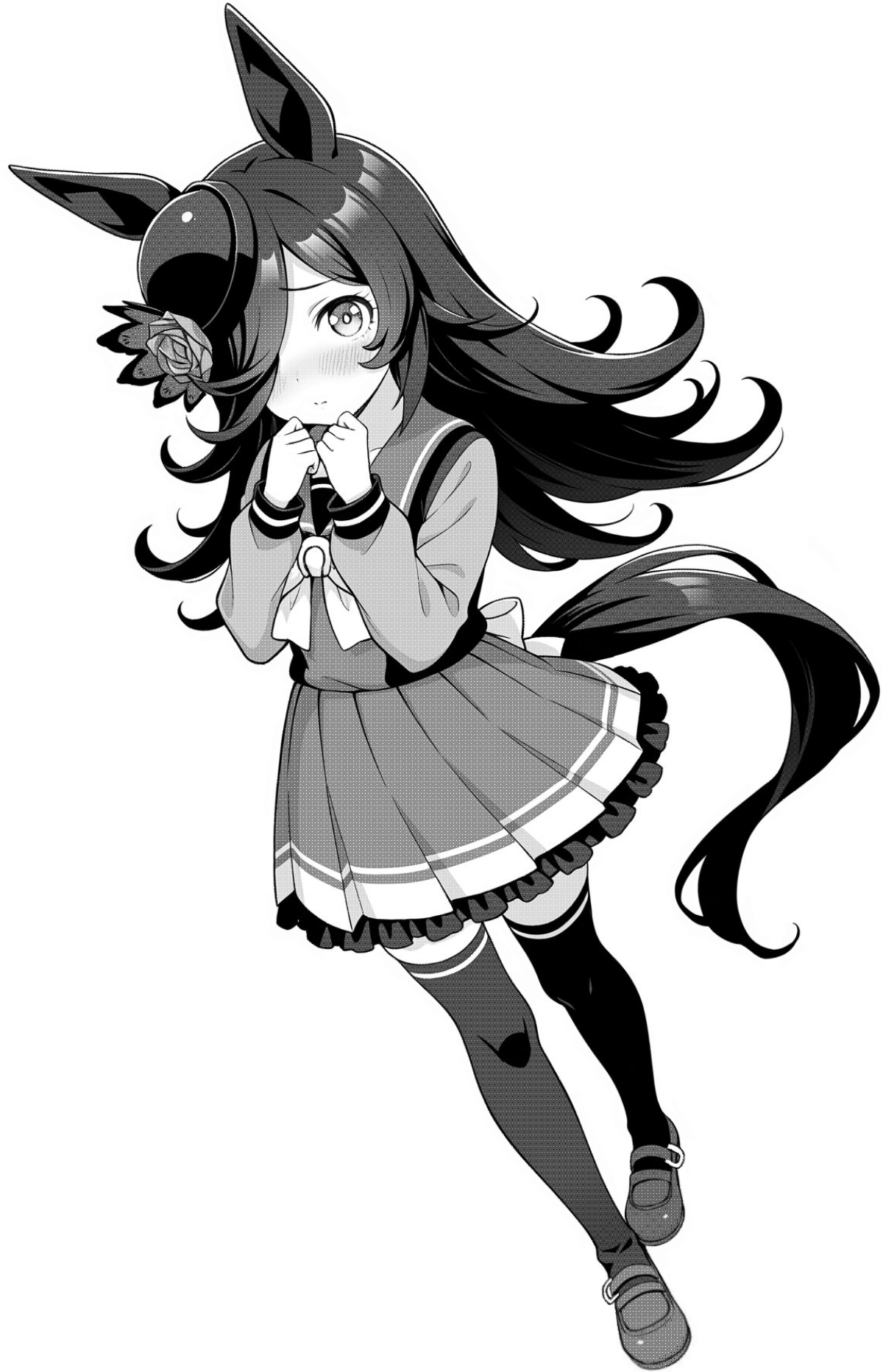 akagi koku, rice shower (umamusume), umamusume, commentary, highres, 1girl, animal ears, back bow, blush, bow, bowtie, closed mouth, frilled skirt, frills, full body, greyscale, hair over one eye, hands up, hat, horse ears, horse girl, horse tail, long hair, long sleeves, looking at viewer, monochrome, pleated skirt, sailor collar, school uniform, shirt, shoes, simple background, skirt, solo, standing, tail, thighhighs, tracen school uniform, winter uniform, zettai ryouiki