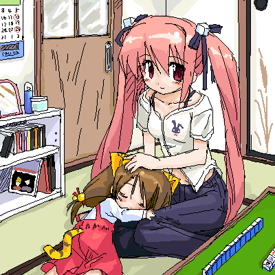 puchiko, usada hikaru, di gi charat, lowres, 2girls, alternate costume, board game, lap pillow, mahjong, mahjong table, multiple girls, oekaki, playing games, sleeping, table