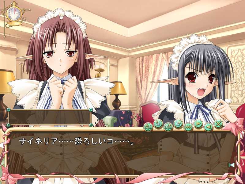 suzuhira hiro, cineraria, sage (tick! tack!), shuffle!, tick! tack!, interior, silver hair, game cg, 00s, 2girls, annoyed, apron, blush, brown hair, curtains, dialogue box, long hair, looking at viewer, maid, maid apron, maid headdress, multiple girls, neck ribbon, open mouth, pocket watch, pointy ears, red eyes, ribbon, room, very long hair, visual novel, watch, window