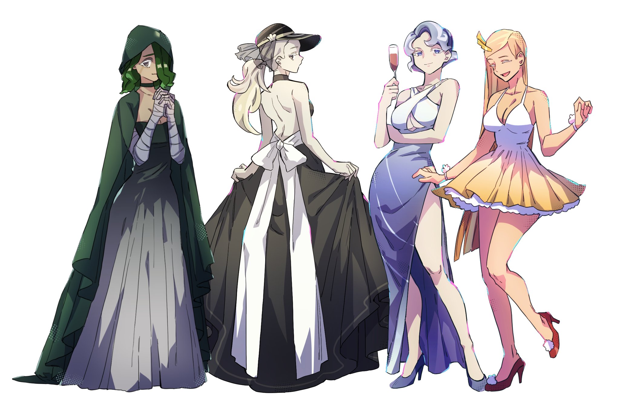 michelin (p0lo09), financier cookie, oyster cookie, oyster cookie's envoy, cookie run, cookie run: kingdom, commentary request, highres, korean commentary, 4girls, :d, ^ ^, alcohol, alternate costume, back bow, backboob, backless dress, backless outfit, bandaged arm, bandages, bare arms, bare shoulders, black choker, black dress, black hat, blunt ends, bow, bracelet, breasts, brown choker, brown eyes, cape, choker, chromatic aberration, cleavage, closed eyes, closed mouth, collarbone, colored eyelashes, contrapposto, cup, curly hair, curtained hair, dress, drinking glass, frilled dress, frills, from behind, full body, genderswap, genderswap (otf), gown, gradient clothes, gradient dress, green cape, green dress, green hair, grey dress, grey eyes, grey hair, hair behind ear, hair ornament, hair over one eye, halftone, hand on own arm, hand up, hat, high heels, holding, holding cup, hood, hood up, hooded cape, interlocked fingers, jewelry, large breasts, legs apart, long dress, long hair, looking at viewer, looking back, medium hair, multiple girls, one eye covered, open mouth, own hands clasped, own hands together, pale skin, petticoat, pom pom (clothes), ponytail, profile, red wine, seaweed cookie, see-through clothes, see-through veil, short dress, simple background, skirt hold, sleeveless, sleeveless dress, smile, standing, standing on one leg, straight hair, tongue, veil, very long hair, white background, white bow, white dress, white eyelashes, white hair, wine, wine glass, yellow dress