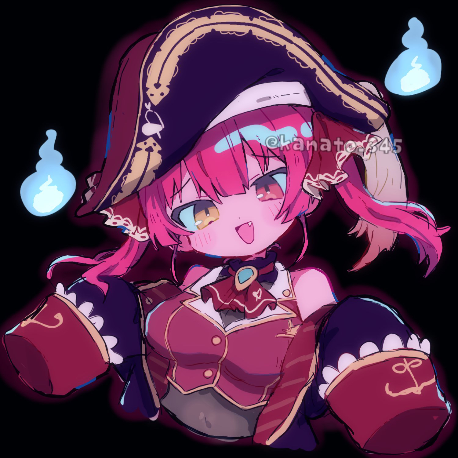 kanamochi kanato, houshou marine, houshou marine (1st costume), hololive, commentary, highres, symbol-only commentary, 1girl, :d, ascot, bare shoulders, black background, black hat, blunt bangs, blush, breasts, brooch, fang, hands up, hat, heterochromia, hitodama, jacket, jewelry, leotard, long hair, long sleeves, looking at viewer, medium breasts, open mouth, pirate hat, red ascot, red eyes, red hair, red jacket, see-through clothes, see-through leotard, simple background, sleeveless, sleeveless jacket, sleeves past fingers, sleeves past wrists, smile, solo, twintails, twitter username, upper body, virtual youtuber, yellow eyes