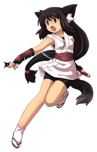 sakumo (karatama), 1girl, animal ears, black hair, fang, female focus, fox ears, holding, holding shuriken, holding weapon, long hair, ninja, open mouth, red eyes, sandals, shuriken, simple background, solo, weapon, white background, zouri