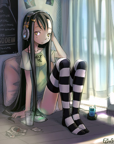 bailknight, original, striped, lowres, 1girl, brown hair, digital media player, female focus, headphones, legs, long hair, panties, pantyshot, shirt, sitting, solo, thighhighs, underwear, white panties, yellow eyes