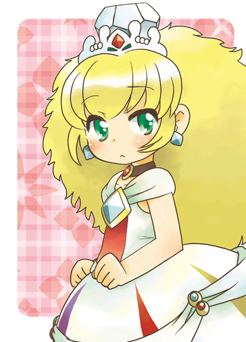 dangan, altessa, fushigiboshi no futago hime, 00s, 1girl, big hair, blonde hair, blush, brooch, choker, diamond (gemstone), earrings, female focus, flat chest, frown, green eyes, jewelry, long hair, solo, tiara
