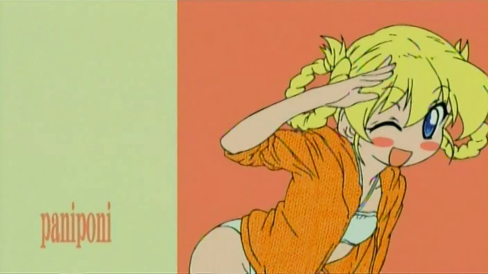 rebecca miyamoto, pani poni dash!, anime screenshot, official art, 00s, 1girl, ass, blonde hair, blush stickers, female focus, loli fashion, midriff, smile, solo