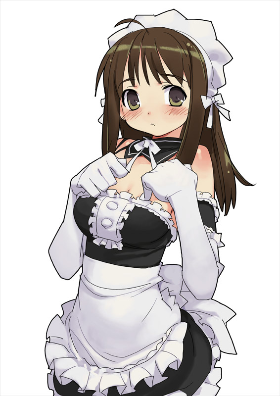 kizaki, kurauchi anna, kore ga watashi no goshujin-sama, 00s, 1girl, ahoge, apron, arm garter, bare shoulders, blush, brown hair, cowboy shot, detached collar, dress, elbow gloves, facing viewer, female focus, frilled apron, frilled dress, frills, gloves, grey eyes, long hair, looking at viewer, maid, maid headdress, nakabayashi yoshitaka's maid uniform, sidelocks, simple background, solo, white apron, white background, white gloves