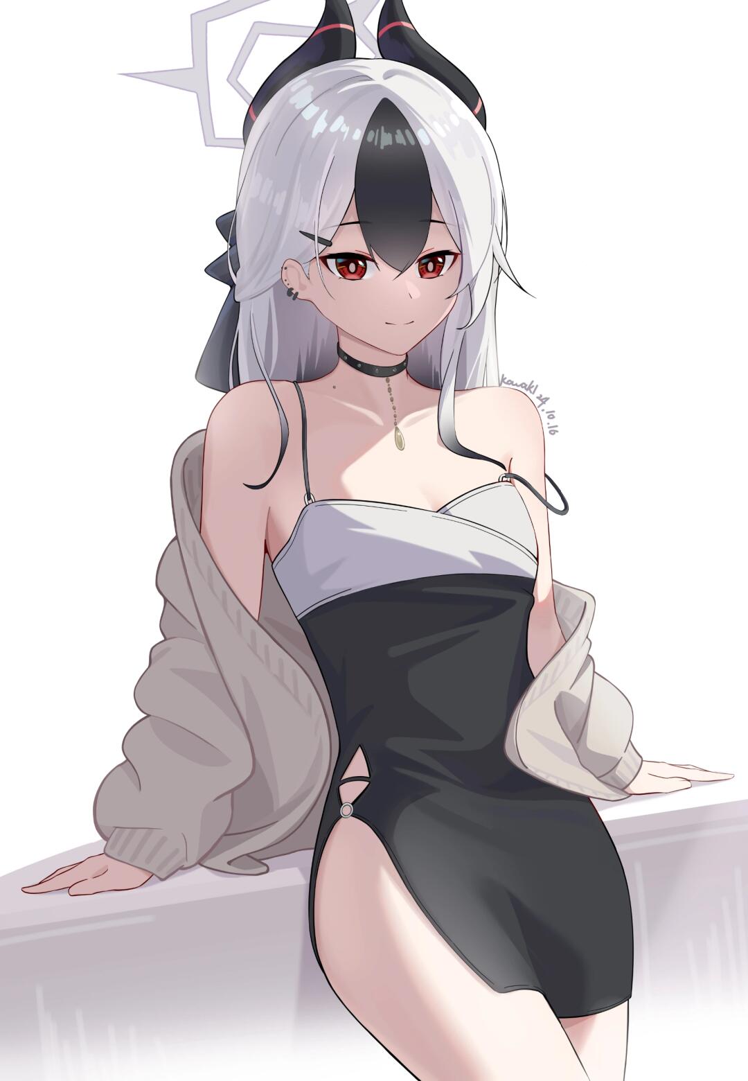 kayoko (blue archive), kayoko (dress) (blue archive), blue archive, bad source, highres, 1girl, bare shoulders, black choker, black dress, black hair, breasts, brown pupils, cardigan, choker, closed mouth, collarbone, colored bangs, dress, ear piercing, hair between eyes, hair ornament, halo, horns, jewelry, kawakida, long hair, looking at viewer, multicolored hair, off shoulder, official alternate costume, piercing, red eyes, side slit, simple background, sitting, small breasts, smile, solo, spaghetti strap, streaked hair, two-tone hair, underwear, white background, white hair