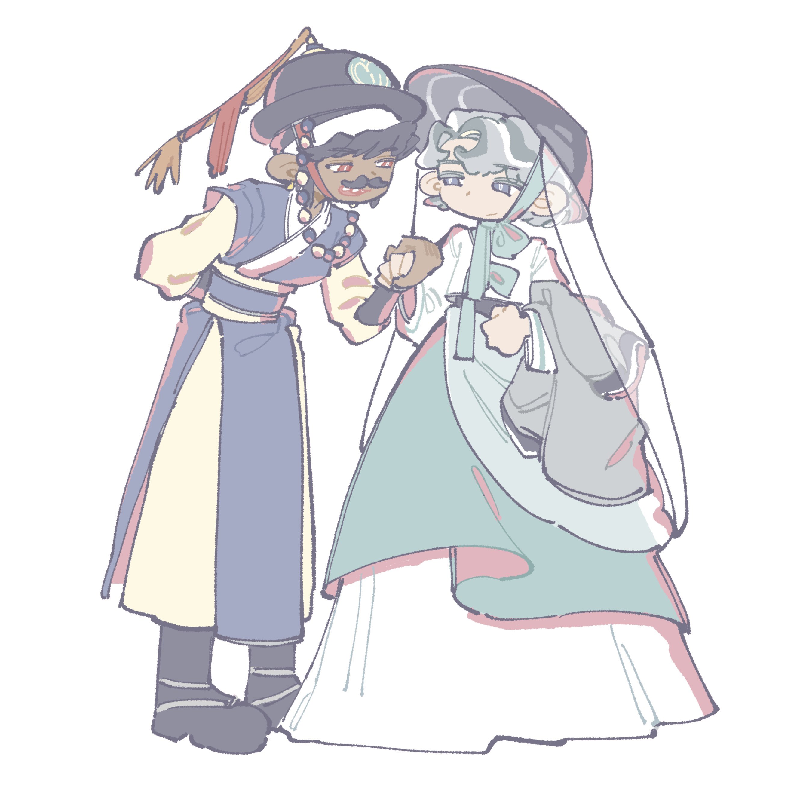 rude rudy, captain caviar cookie, oyster cookie, cookie run, cookie run: kingdom, absurdres, commentary request, highres, korean commentary, 1boy, 1girl, :d, aqua bow, aqua skirt, arm behind back, black boots, black hair, black hat, blue kimono, boots, bow, bright pupils, closed mouth, curly hair, dark-skinned male, dark skin, elbow carry, full body, grey eyes, grey hair, hair behind ear, hair between eyes, hat, headband, holding, holding hands, holding unworn clothes, humanization, japanese clothes, kimono, layered skirt, layered sleeves, leaning forward, long skirt, long sleeves, multicolored hair, official alternate costume, one eye closed, open mouth, oyster cookie (silk road magnate), red eyes, see-through clothes, see-through veil, sharp teeth, shirt, short hair, short over long sleeves, short sleeves, skirt, smile, standing, streaked hair, swept bangs, teeth, two-tone hair, upper teeth only, veil, white hair, white headband, white pupils, white shirt, white skirt
