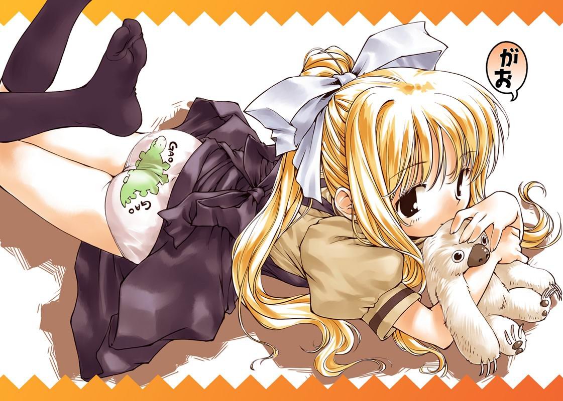 kamio misuzu, air (visual novel), 00s, 1girl, ass, black eyes, blonde hair, blouse, bow, clothes writing, dress, feet, female focus, gao, hair bow, legs up, long hair, lying, on stomach, panties, pantyshot, pinafore dress, print panties, ribbon, shirt, sleeveless, sleeveless dress, socks, solo, underwear, white panties