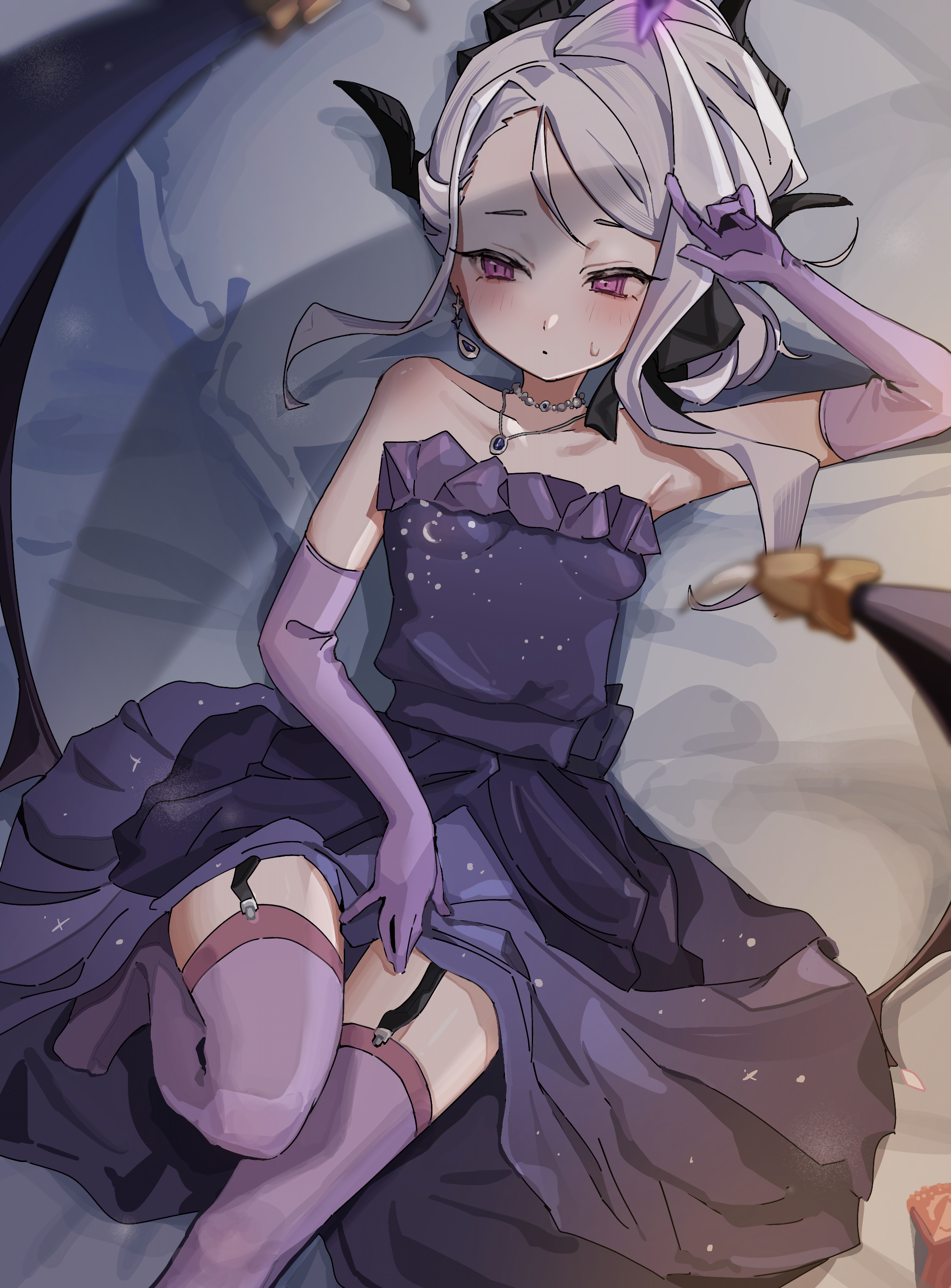 coa (35 seno), hina (blue archive), hina (dress) (blue archive), blue archive, absurdres, highres, 1girl, armpits, demon horns, demon wings, dress, elbow gloves, gloves, grey hair, horns, jewelry, lying, necklace, official alternate costume, on back, purple dress, purple eyes, purple garter straps, purple gloves, purple thighhighs, solo, strapless, strapless dress, sweatdrop, thighhighs, wings