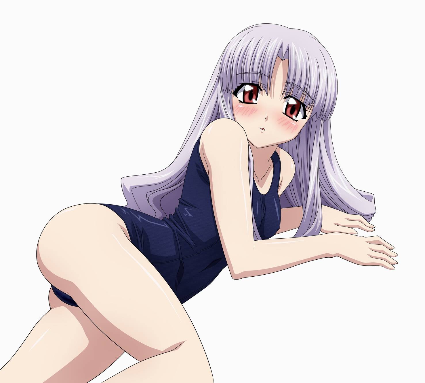 sugimura tomokazu, azmaria hendric, chrno crusade, highres, 1girl, blue hair, blush, breasts, covered erect nipples, female focus, loli, looking at viewer, lying, on side, one-piece swimsuit, red eyes, school swimsuit, simple background, small breasts, solo, swimsuit, white background