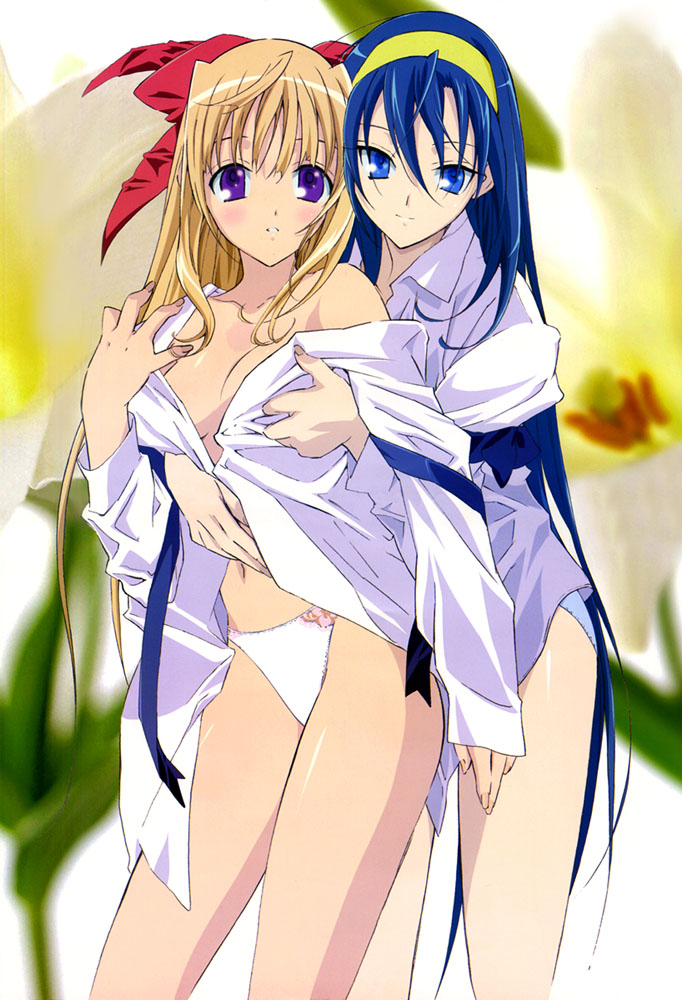 fujii maki, himemiya chikane, kurusugawa himeko, kannazuki no miko, light brown hair, official art, official wallpaper, scan, scan artifacts, 00s, 2girls, bare legs, bare shoulders, blue eyes, blue hair, blush, bow, breasts, couple, female focus, floral background, grabbing another's breast, grabbing from behind, groping, hair between eyes, hair ribbon, hairband, japanese clothes, legs, long hair, long sleeves, looking at viewer, medium breasts, miko, multiple girls, open clothes, open shirt, panties, parted lips, purple eyes, red bow, red ribbon, ribbon, school uniform, shirt, smile, standing, thighhighs, underwear, undressing, very long hair, white panties, yellow hairband, yuri