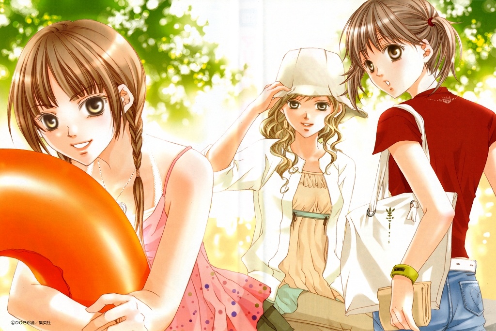 hibiki reine, fukuzawa yumi, shimazu yoshino, toudou shimako, maria-sama ga miteru, official art, 00s, 3girls, bag, blonde hair, bracelet, braid, brown eyes, brown hair, camisole, casual, day, denim, hat, innertube, jeans, jewelry, lips, long hair, looking at viewer, looking back, multiple girls, outdoors, pants, pendant, shirt, smile, swim ring, t-shirt, twin braids, twintails, wavy hair, yellow eyes