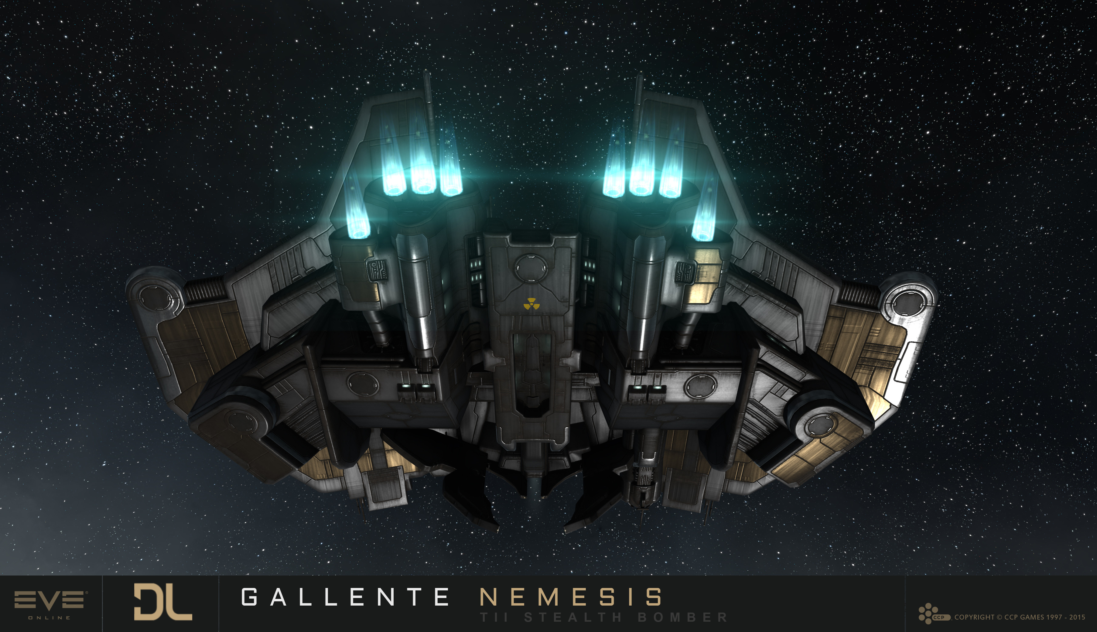eve online, absurdres, commentary, highres, maya (medium), official art, 3d, advanced ship (eve online), attack ship (eve online), company logo, company name, copyright logo, copyright name, covert ops (eve online), dark background, dated, duvolle laboratories (eve online), english text, flying, frigate (eve online), gallente federation (eve online), glowing, logo, military vehicle, no humans, outdoors, radiation symbol, realistic, science fiction, space, spacecraft, star (sky), starry sky background, tech 2 ship (eve online), thrusters, vehicle focus, vehicle name, ymir jonsson
