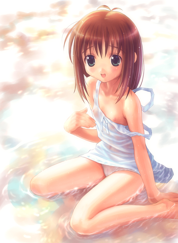 goto p, 1girl, barefoot, female focus, flat chest, lingerie, nipple slip, nipples, see-through clothes, shirt, sitting, solo, strap slip, underwear, wariza, water, wet, wet clothes, wet shirt
