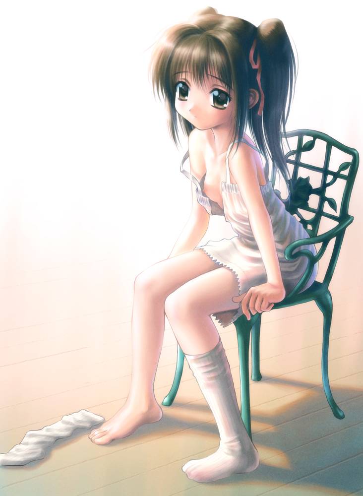 goto p, jpeg artifacts, 1girl, barefoot, breasts, brown hair, chair, feet, female focus, grey eyes, hair ribbon, lingerie, nipples, on chair, ribbon, single sock, sitting, small breasts, sock pull, socks, solo, strap slip, twintails, underwear, wooden floor