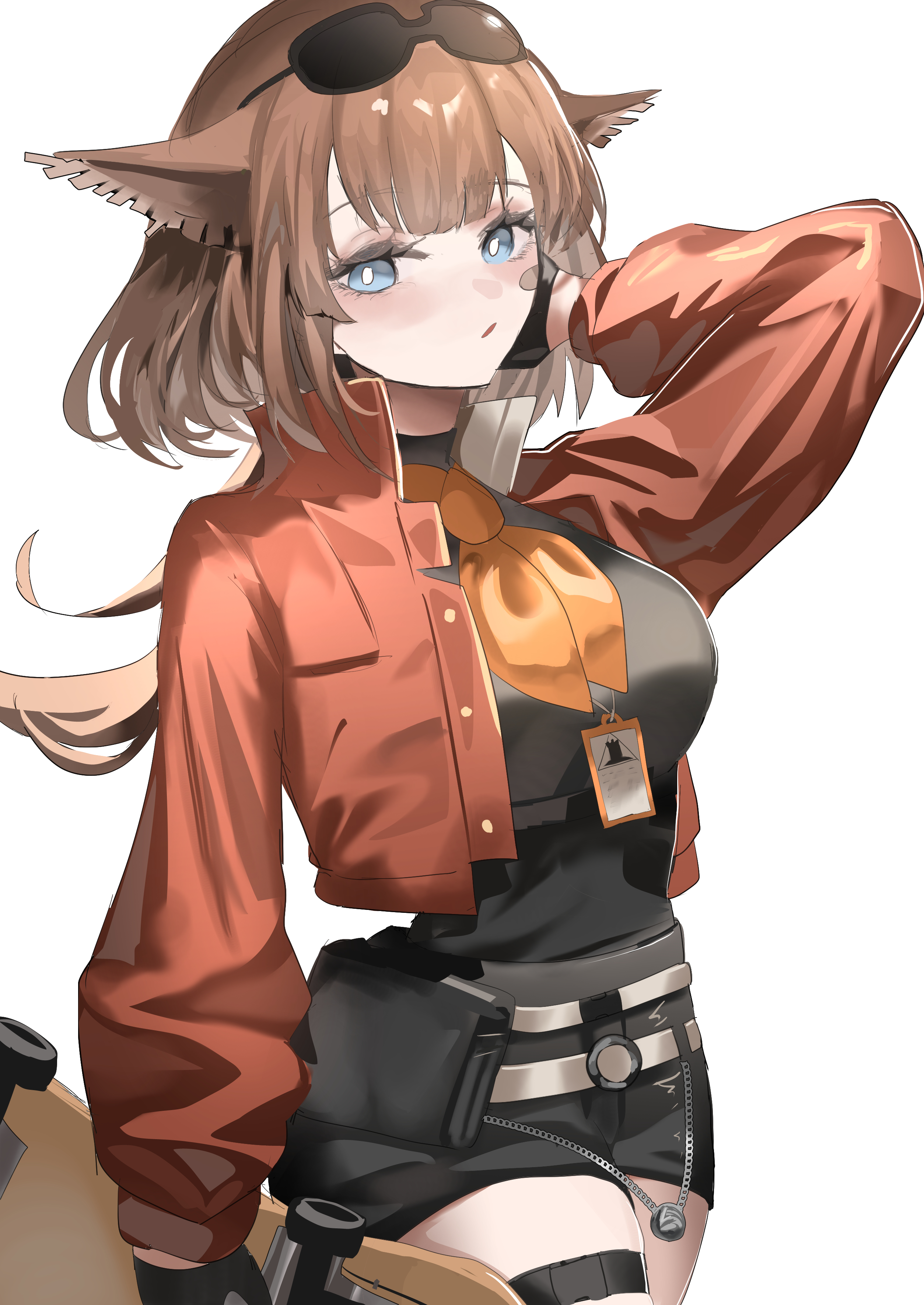 horobu, aciddrop (arknights), arknights, absurdres, commentary request, commission, highres, skeb commission, 1girl, animal ears, bandaid, bandaid on cheek, bandaid on face, bird ears, black gloves, blue eyes, blush, breasts, bright pupils, brown hair, eyewear on head, gloves, goggles, goggles on head, holding, holding skateboard, id card, jacket, large breasts, long hair, long sleeves, looking at viewer, neckerchief, orange neckerchief, shirt, shorts, simple background, skateboard, solo, white pupils