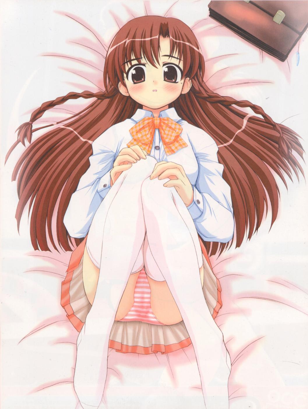 karen (sister princess), sister princess, highres, scan, scan artifacts, source request, 00s, 1girl, bed, blush, braid, brown eyes, brown hair, dress shirt, female focus, long hair, lying, on back, panties, pantyshot, pink panties, school uniform, serafuku, shirt, sitting, solo, striped clothes, striped panties, thighhighs, twin braids, underwear, upskirt, white thighhighs