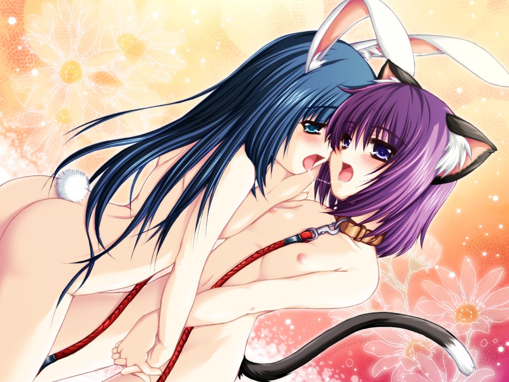 2girls, animal ears, aqua eyes, ass, blue eyes, cat ears, cat tail, collar, flat chest, kiss, leash, long hair, multiple girls, nipples, nude, purple hair, rabbit ears, rabbit tail, saliva, saliva trail, short hair, slave, tail, yuri