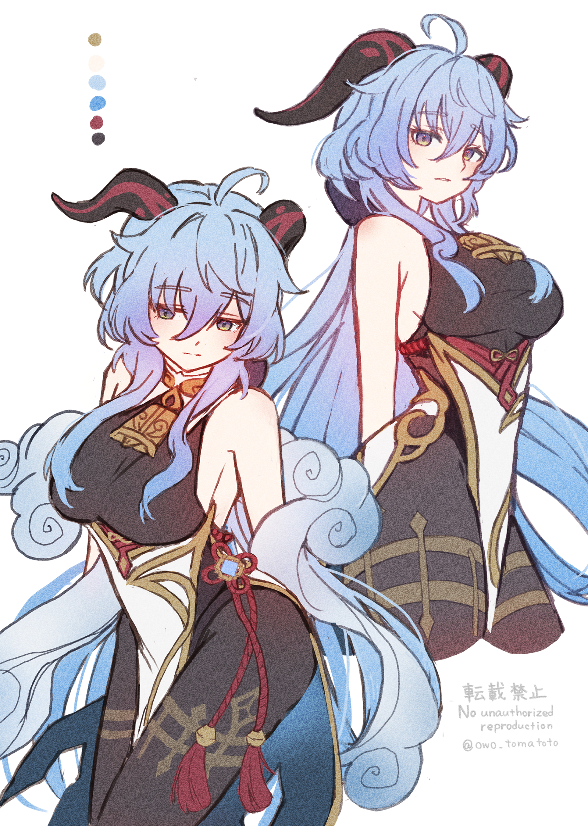 touma (owo tooooma), ganyu (genshin impact), genshin impact, absurdres, highres, 1girl, ahoge, bare shoulders, bell, black gloves, blue hair, blush, bodystocking, breasts, color guide, gloves, goat horns, hair between eyes, horns, long hair, looking at viewer, multicolored eyes, multiple views, neck bell, pantyhose, purple eyes, sidelocks, simple background, solo, twitter username, white background