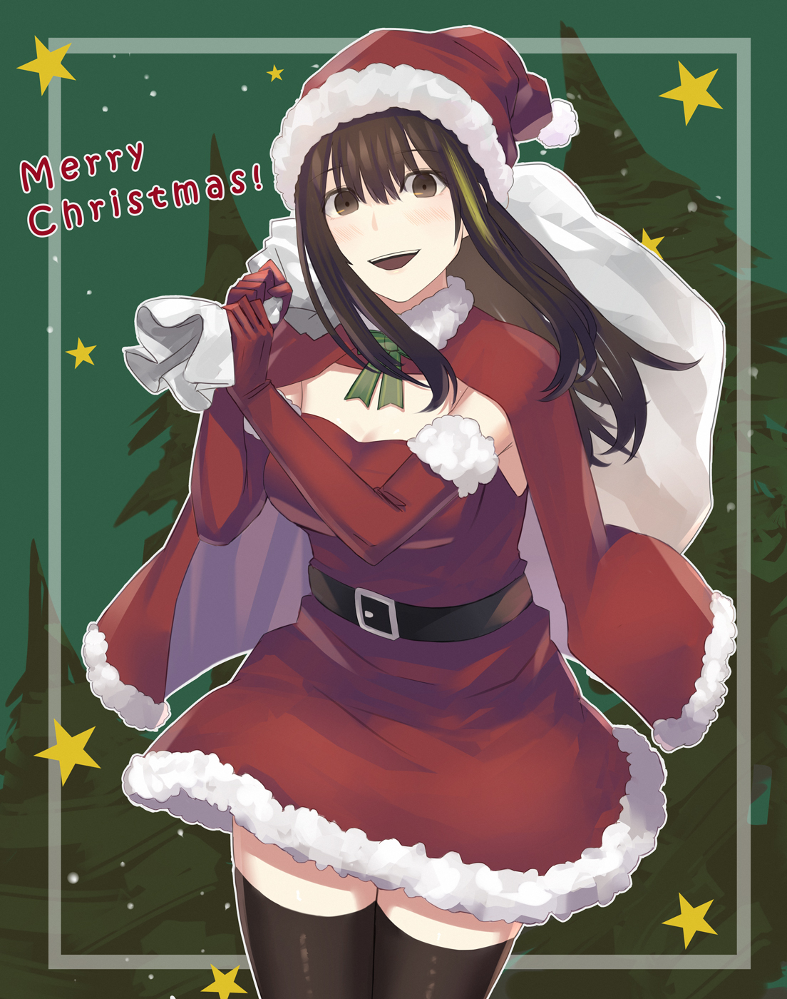 asakiri koko, m4a1 (girls' frontline), girls' frontline, commentary request, highres, 1girl, :d, alternate costume, belt, black belt, black thighhighs, blush, border, breasts, brown eyes, brown hair, capelet, cleavage, cowboy shot, dress, elbow gloves, english text, fir tree, fur-trimmed capelet, fur-trimmed dress, fur-trimmed gloves, fur-trimmed headwear, fur trim, gloves, green background, green hair, green ribbon, hair between eyes, hat, holding, holding sack, long hair, long sidelocks, looking at viewer, medium breasts, merry christmas, multicolored hair, open mouth, outside border, red capelet, red dress, red gloves, red hat, ribbon, sack, santa costume, santa hat, sidelocks, sleeveless, sleeveless dress, smile, solo, standing, star (symbol), strapless, strapless dress, streaked hair, teeth, thighhighs, tree, upper teeth only, white border