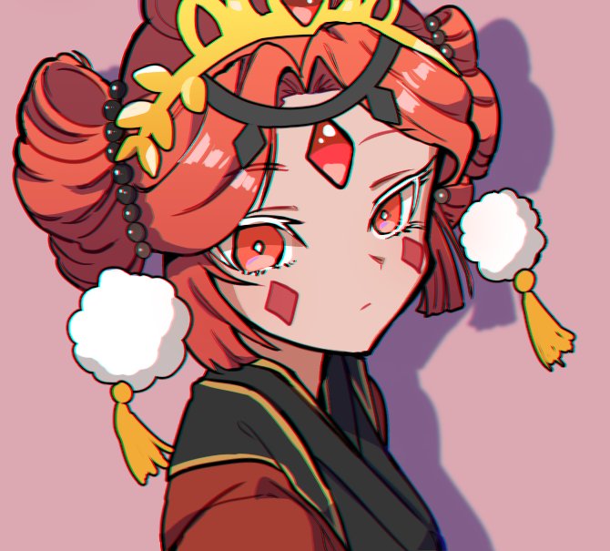 michelin (p0lo09), pomegranate cookie, cookie run, cookie run: ovenbreak, commentary request, korean commentary, 1girl, beads, bright pupils, chromatic aberration, closed mouth, colored eyelashes, curtained hair, double bun, drop shadow, expressionless, facial mark, forehead jewel, from above, hair beads, hair bun, hair ornament, humanization, japanese clothes, kimono, looking at viewer, official alternate costume, parted bangs, pomegranate cookie (twisted labyrinth), portrait, red background, red eyes, red hair, red kimono, short hair, simple background, solo, tassel, white eyelashes, white pupils