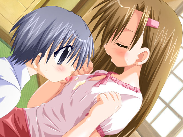fujishiro takeshi, takase (harakiri), menou-kun no oshiete oneechan sensei, game cg, jpeg artifacts, 1boy, 1girl, black eyes, blue hair, breasts, brown hair, closed eyes, covered erect nipples, hair ornament, hairclip, licking, long hair, medium breasts, wet