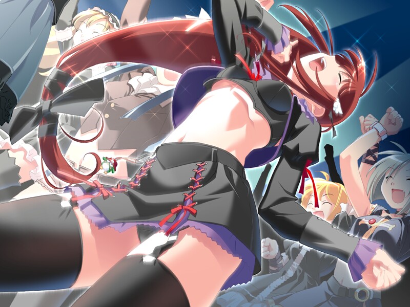 watanabe akio, konami (popotan), popotan, game cg, 00s, 5girls, arm up, black panties, black thighhighs, breasts, closed eyes, dancing, female focus, garter straps, long sleeves, medium breasts, midriff, multiple girls, navel, open mouth, panties, skirt, solo, solo focus, thighhighs, underboob, underwear, upskirt