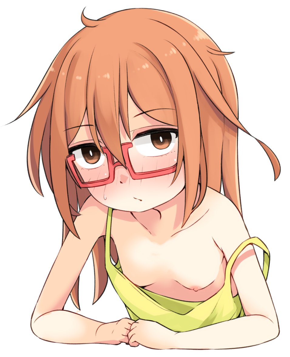 okitarou (okiyo), mochizuki (kancolle), kantai collection, 1girl, :/, bare shoulders, blush, breasts, camisole, closed mouth, collarbone, glasses, hair between eyes, long hair, looking at viewer, nipples, no bra, orange eyes, orange hair, red-framed eyewear, semi-rimless eyewear, simple background, small breasts, solo, strap slip, under-rim eyewear, white background
