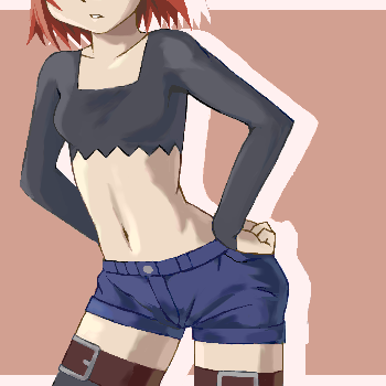 cisqua, elemental gelade, lowres, 00s, 1girl, female focus, hand on own hip, hip focus, midriff, navel, oekaki, red hair, short hair, short shorts, shorts, simple background, solo, thighhighs
