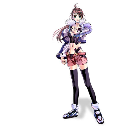 choco (chocolate shop), shion uzuki, xeno (series), xenosaga, xenosaga episode iii, lowres, official art, 00s, 1girl, black thighhighs, brown hair, female focus, green eyes, jacket, long hair, midriff, solo, thighhighs