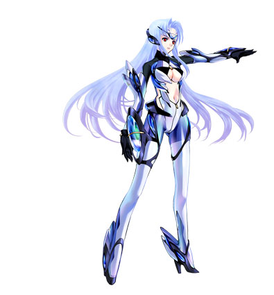kos-mos, xenosaga, lowres, 00s, 1girl, armor, breasts, center opening, female focus, high heels, long hair, outstretched arm, red eyes, simple background, solo, very long hair, white background, white hair
