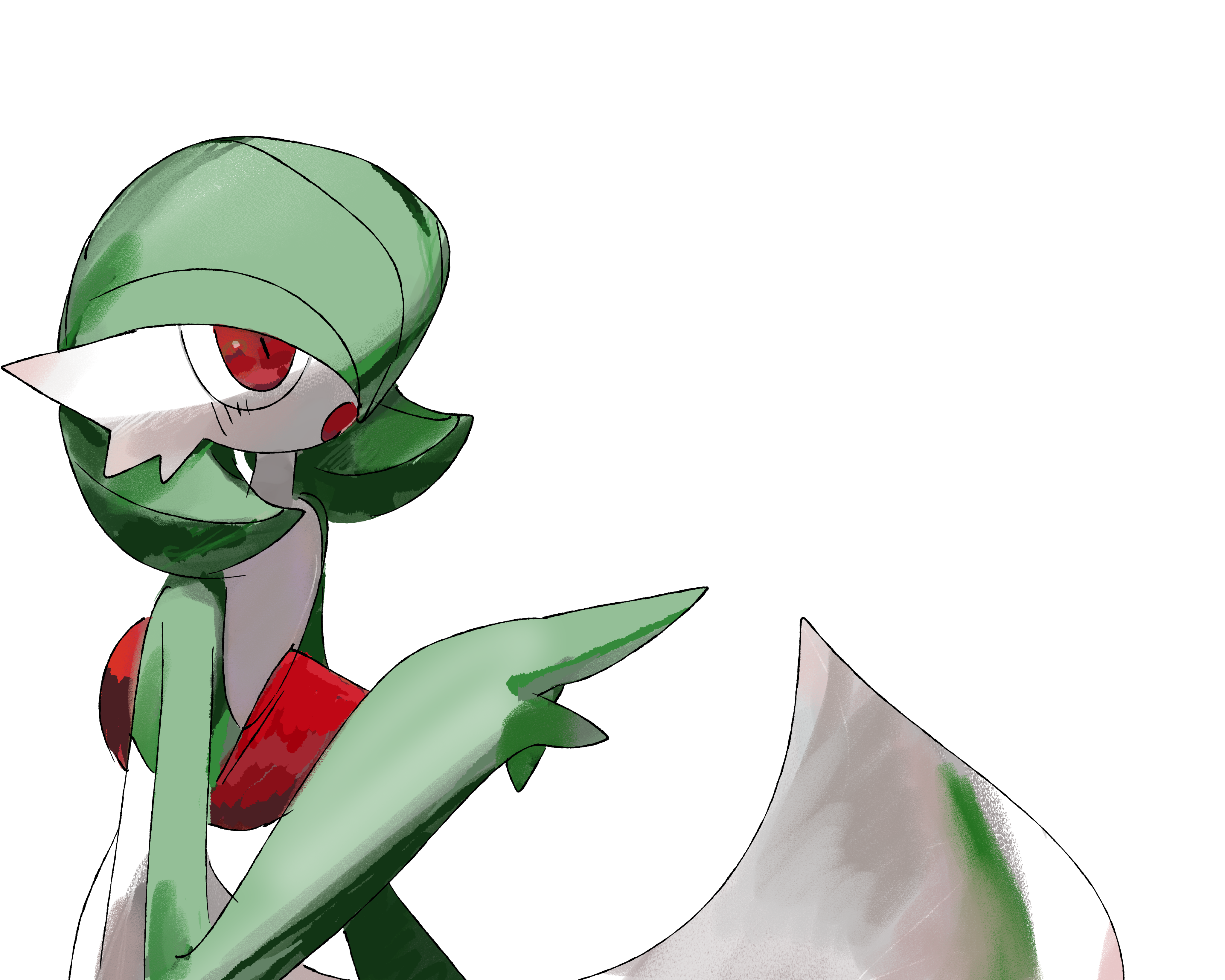 ame (metorui), gardevoir, nintendo, pokemon, 1girl, :o, blush, bob cut, colored skin, female focus, flat chest, from side, gen 3 pokemon, green hair, green skin, hair over one eye, hand up, light blush, looking afar, multicolored skin, one eye covered, open mouth, pointing, pokemon (creature), red eyes, short hair, simple background, solo, two-tone skin, upper body, white background, white skin