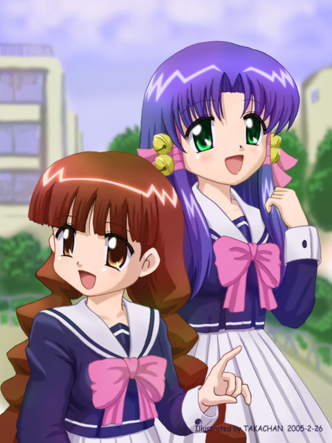 aoba kozue, chanohata tamami, mahoraba, 00s, 2005, 2girls, bell, bow, brown eyes, brown hair, dated, green eyes, hair tubes, long hair, multiple girls, pink bow, purple hair, ribbon, school uniform, sidelocks, smile, twintails