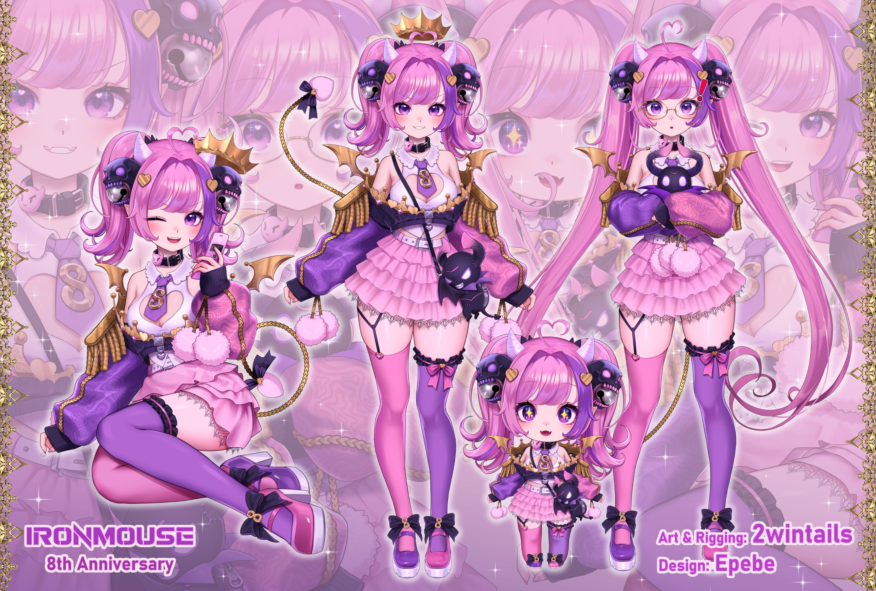2wintails, ironmouse, indie virtual youtuber, official art, 1girl, ahoge, asymmetrical legwear, blush, breasts, chibi, cleavage cutout, closed mouth, clothing cutout, ebepe, frilled skirt, frills, full body, glasses, hair ornament, horns, long hair, looking at viewer, lying, medium breasts, miniskirt, mismatched legwear, mismatched shoes, multicolored hair, necktie, off shoulder, official alternate costume, on side, one eye closed, pink hair, pink thighhighs, purple eyes, purple hair, purple necktie, purple thighhighs, sitting, skirt, sleeves past wrists, smile, standing, thighhighs, thighs, twintails, two-tone hair, virtual youtuber, wink, zoom layer