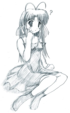aoba kozue, kanazawa nanako, mahoraba, lowres, 00s, antenna hair, blue theme, monochrome, socks, solo