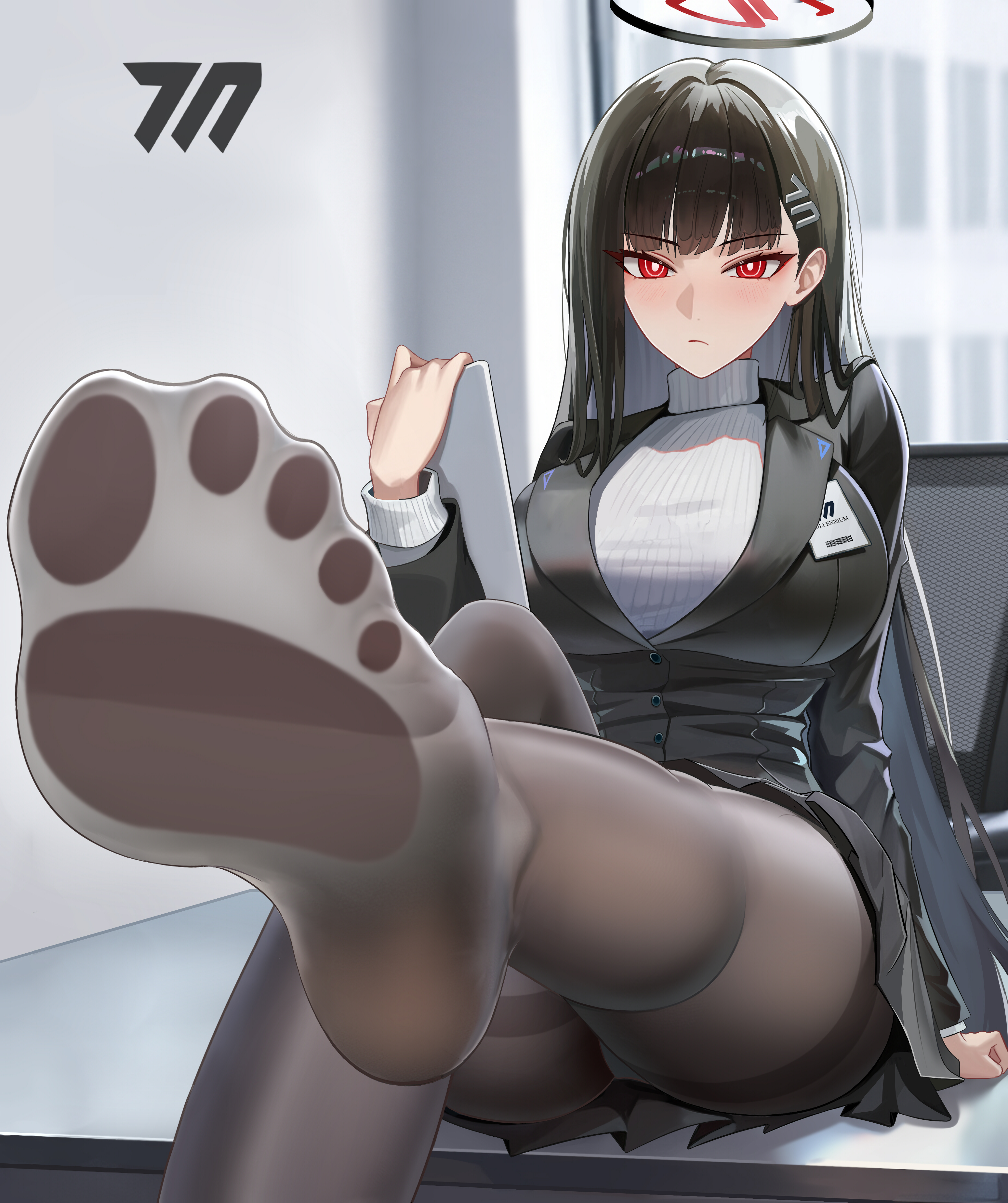 bm (bm364364), rio (blue archive), blue archive, absurdres, highres, 1girl, black hair, blush, feet, long hair, looking at viewer, panties, panties under pantyhose, pantyhose, pantyshot, red eyes, soles, toes, underwear