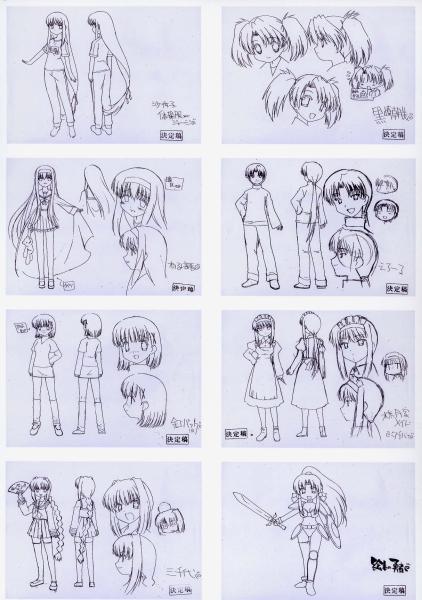 micchan, tachibanakoharu, akasaka saki, amane mizuho, aoba kozue, asagi michiyo, buchou, kurosaki asami, kurosaki sayoko, tachibana (mahoraba), yamabuki tsubasa, mahoraba, 00s, 1boy, 6+girls, greyscale, monochrome, multiple girls, production art, sketch