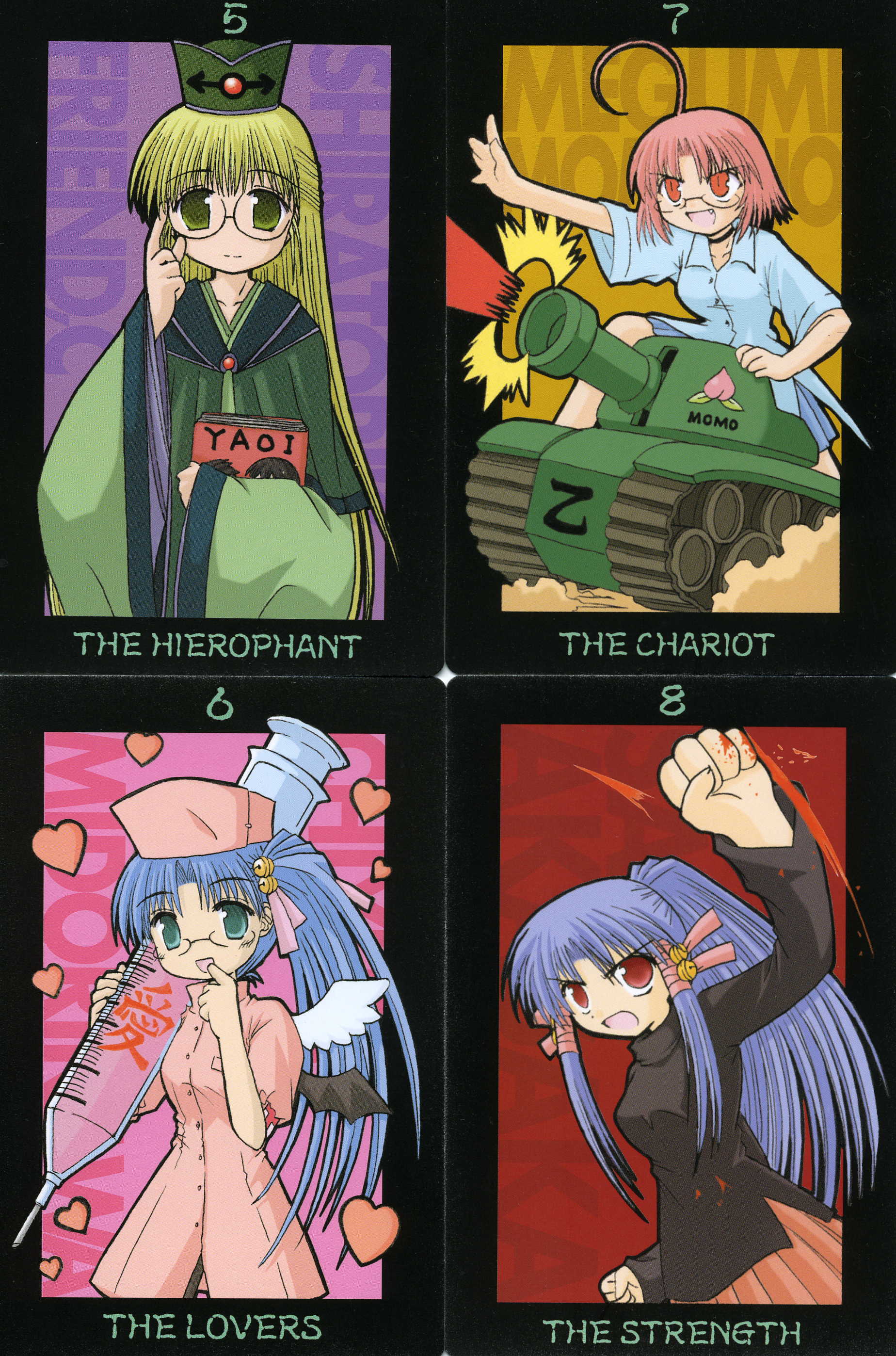 aizawa risona, akasaka saki, aoba kozue, midorikawa chiyuri, momono megumi, mahoraba, vehicle, absurdres, highres, 00s, 4girls, card (medium), caterpillar tracks, fujoshi, glasses, military, military vehicle, motor vehicle, multiple girls, nurse, strength (tarot), tank, tarot, tarot (medium), the chariot (tarot), the hierophant (tarot), the lovers (tarot)