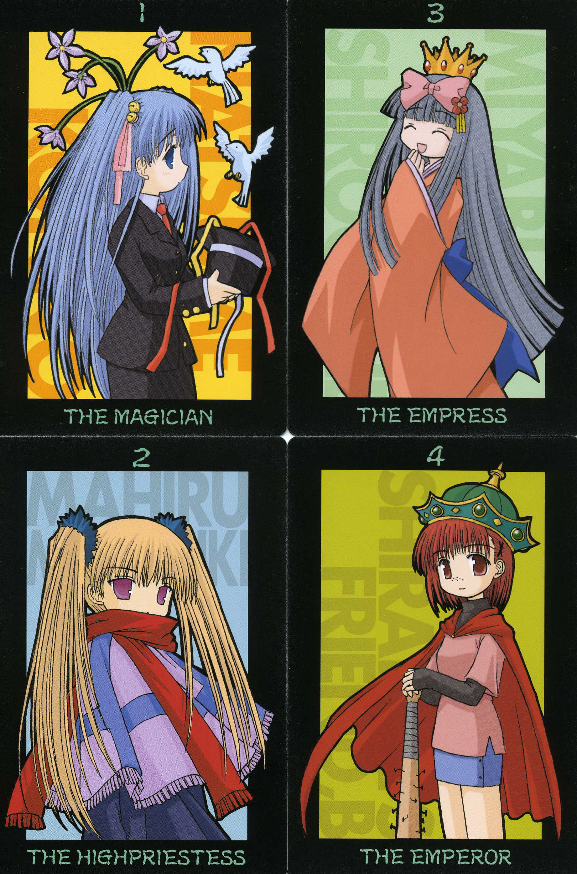 amane mizuho, aoba kozue, konno natsume, minazuki mahiru, shirogane miyabi, mahoraba, absurdres, highres, 00s, 4girls, baseball bat, bird, card (medium), crown, flower, flower on head, freckles, hat, konno natsumi, long sleeves, multiple girls, nail (hardware), nail bat, scarf, tarot, tarot (medium), the emperor (tarot), the empress (tarot), the high priestess (tarot), the magician (tarot), weapon