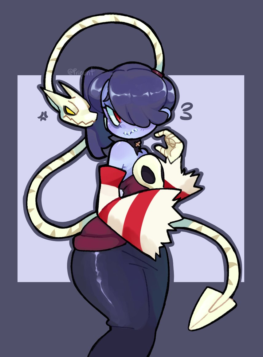pripunt, leviathan (skullgirls), squigly (skullgirls), skullgirls, 1girl, bare shoulders, colored skin, detached collar, detached sleeves, hair over one eye, object through head, purple hair, purple skin, red eyes, side ponytail, skeletal hand, skull, stitched mouth, stitches, striped sleeves, wide hips, zombie