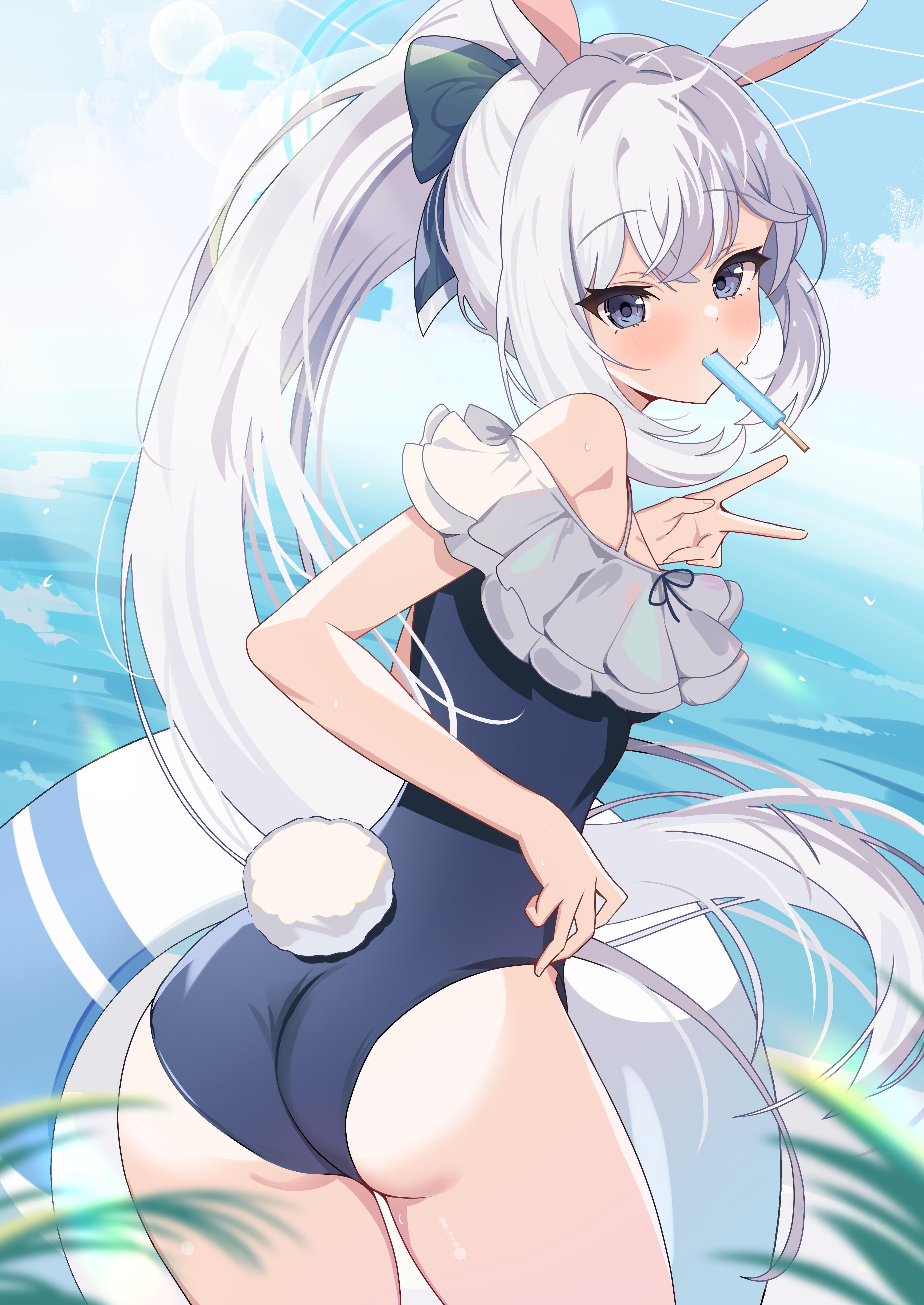 kanimiso30601, miyako (blue archive), miyako (swimsuit) (blue archive), blue archive, absurdres, highres, 1girl, animal ears, ass, blue halo, blue one-piece swimsuit, casual one-piece swimsuit, fake animal ears, fake tail, food, food in mouth, frilled one-piece swimsuit, frills, from behind, halo, long hair, looking at viewer, looking back, off-shoulder one-piece swimsuit, off shoulder, official alternate costume, one-piece swimsuit, popsicle, popsicle in mouth, rabbit tail, solo, swim ring, swimsuit, tail, v, white hair, white innertube