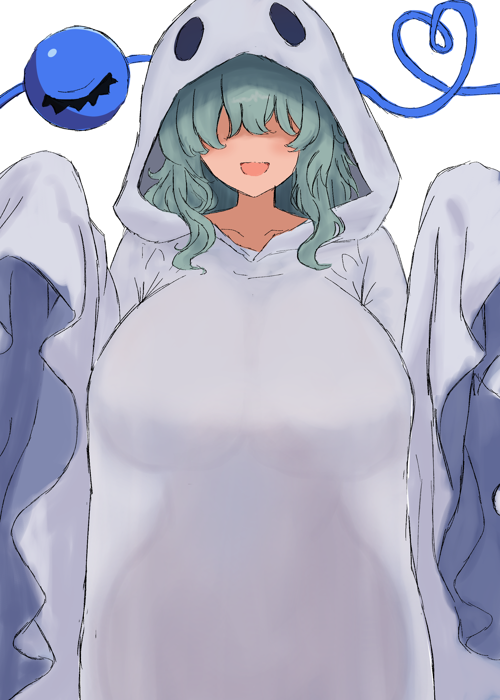 moriforest1040, komeiji koishi, touhou, absurdres, commentary request, highres, 1girl, alternate breast size (larger), alternate costume, breasts, covered eyes, dated commentary, ghost costume, green hair, hair over eyes, hands up, heart, heart of string, hood, hood up, huge breasts, see-through silhouette, sheet ghost, simple background, sleeves past fingers, sleeves past wrists, smile, solo, third eye, white background