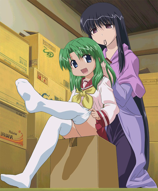 fujii masahiro, kurosaki asami, kurosaki sayoko, mahoraba, 00s, box, cardboard box, feet, kneehighs, no shoes, on box, sitting, sitting on box, socks, thighhighs