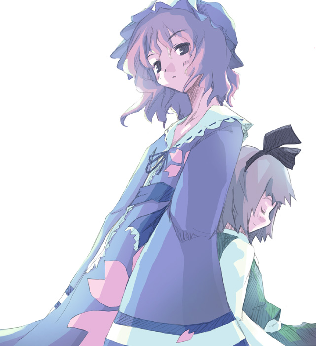 takanashi akihito, konpaku youmu, saigyouji yuyuko, touhou, 2girls, back-to-back, closed eyes, female focus, grey hair, hairband, hat, height difference, japanese clothes, kimono, looking at viewer, multiple girls, obi, petals, pink hair, profile, sash, short hair, simple background