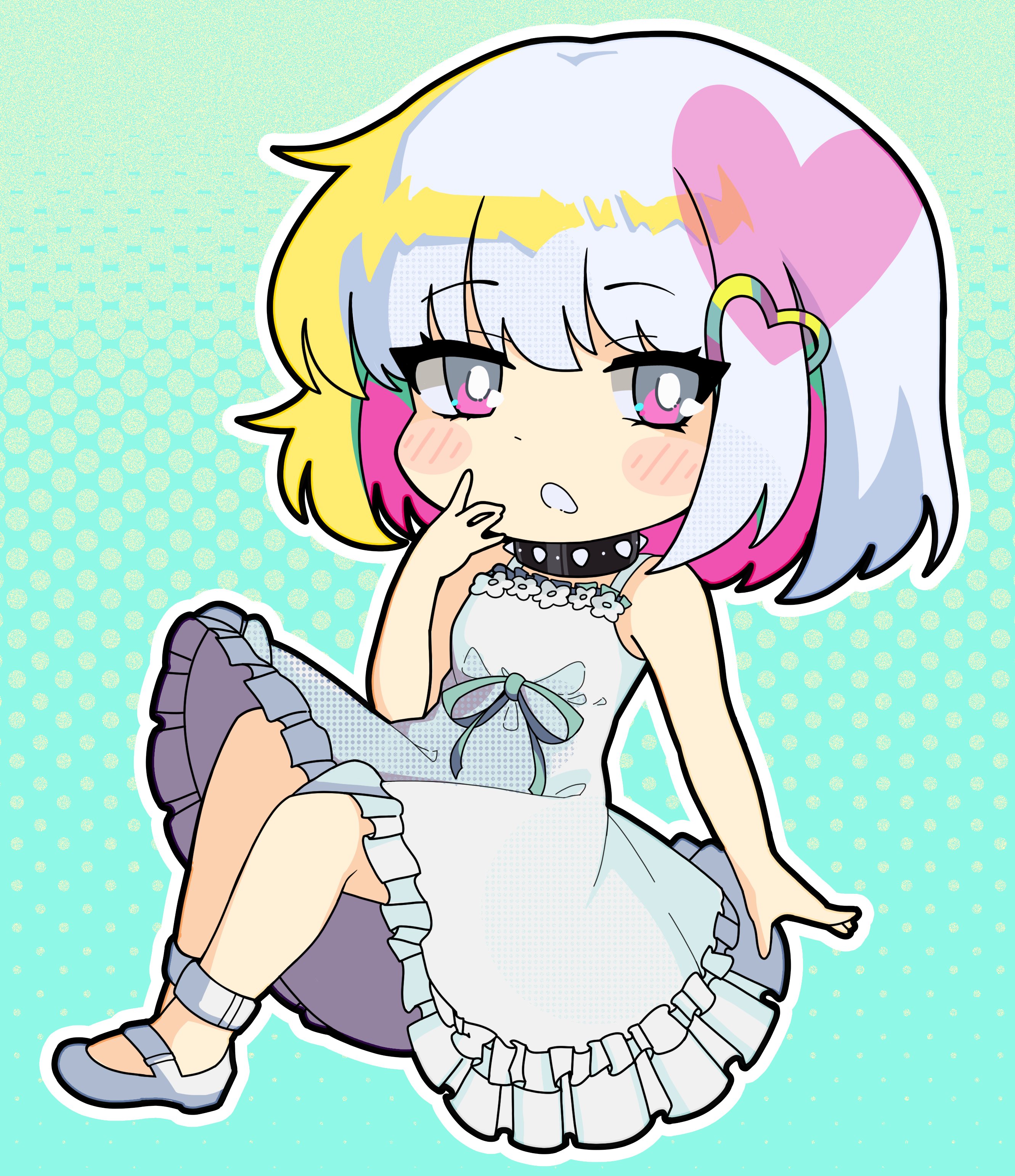 porno (dohna dohna), dohna dohna issho ni warui koto o shiyou, absurdres, commentary, english commentary, highres, 1girl, blue background, border, bright pupils, collar, colored inner hair, dress, eyelashes, full body, hair ornament, heart, heart hair ornament, looking at viewer, multicolored hair, nori (yummynori), open mouth, outline, pink eyes, ribbon, shoes, short hair, solo, spiked collar, spikes, white border, white dress, white outline, white pupils, white ribbon, white shoes