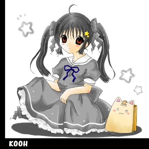 kooh (pangya), papel (pangya), pangya, lowres, 1girl, black dress, black hair, brown eyes, dress, female focus, poorly drawn, solo, star (symbol), twintails